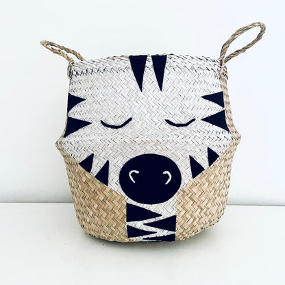 Handwoven seagrass zebra storage basket with felt stripes