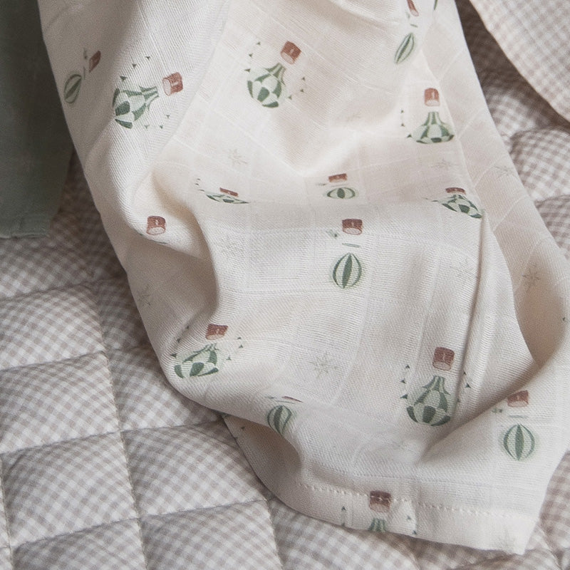 Large 100% Organic Muslin Swaddle with Hot Air Balloon Baby Hand painted Design Evie Skye London