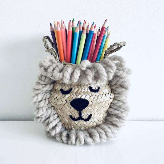 Mini handwoven seagrass lion basket with woolly mane