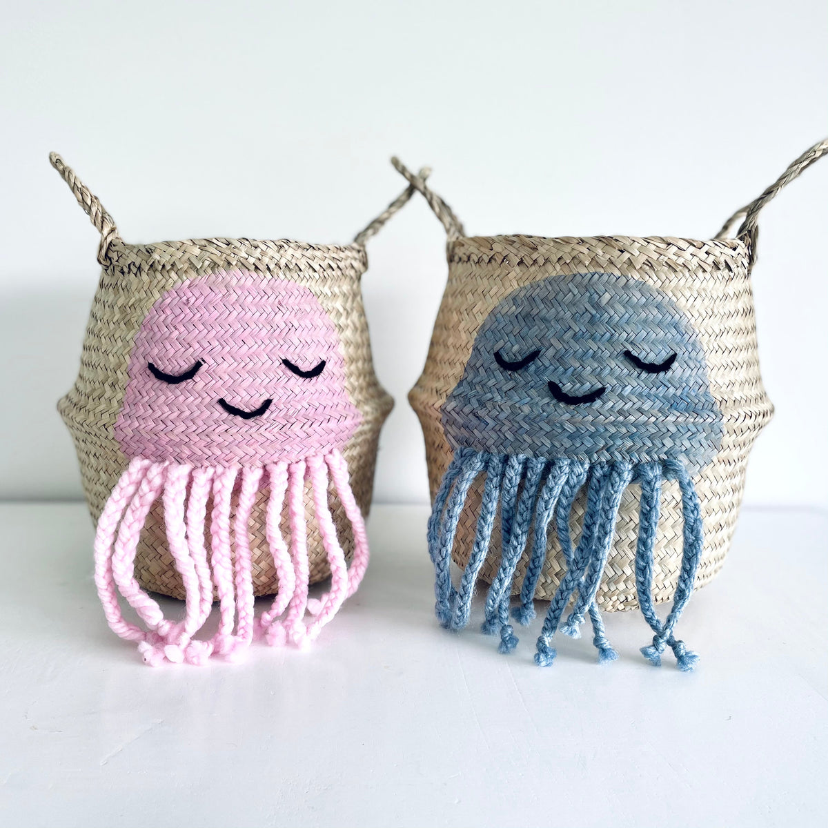 Small handwoven seagrass blue jellyfish storage basket, view 3