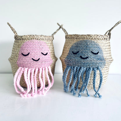 Small handwoven seagrass blue jellyfish storage basket, view 3