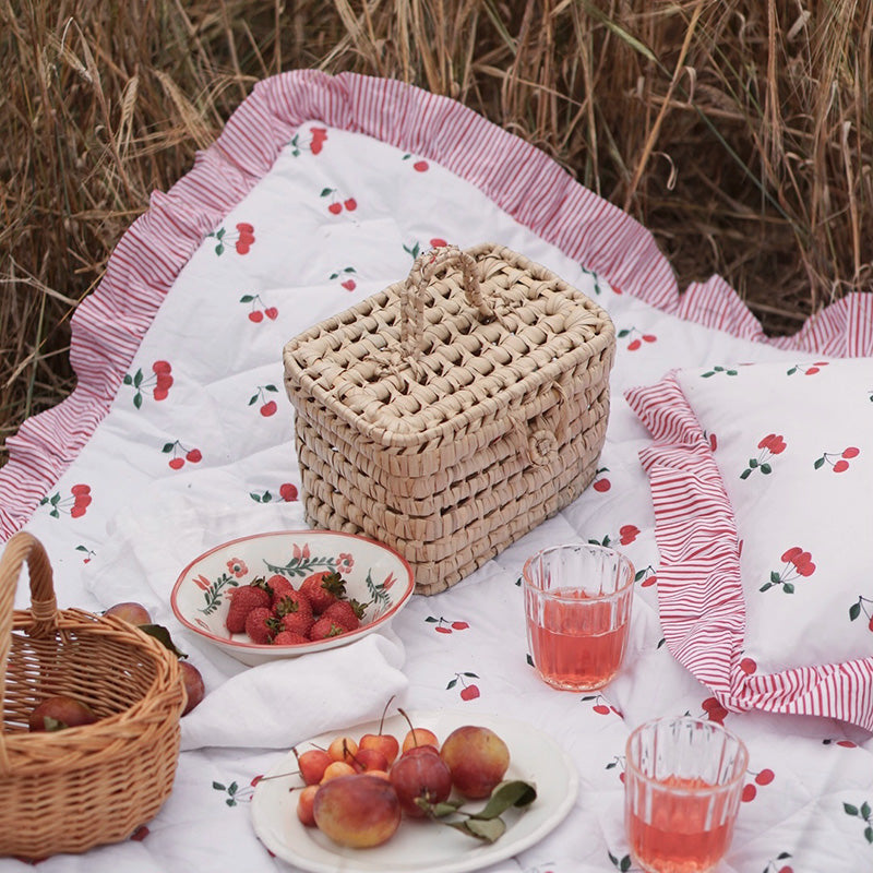 eco-friendly ruffled pillows and quilts are made with 100% organic cotton and are ever so cosy Cherry and Red Gingham design with Ruffle in thin red stripes - children's bedding Evie & Skye