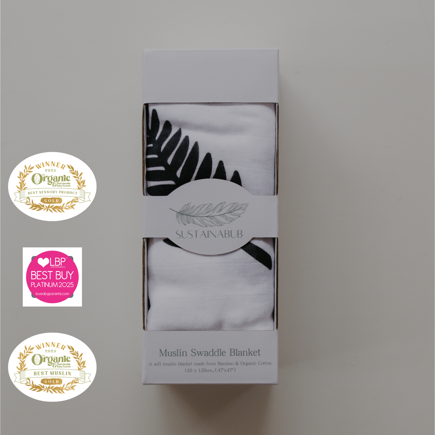 Fern Print Baby Muslin Swaddle (120x120cm) by Sustainabub, organic cotton, vetted by KIDDYKIND