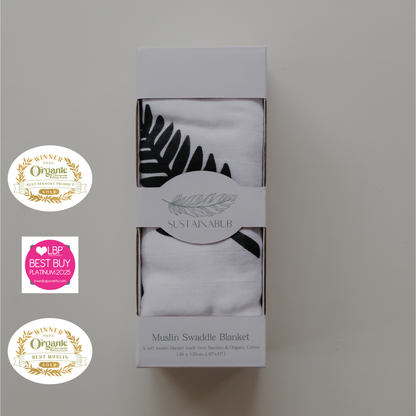 Fern Print Baby Muslin Swaddle (120x120cm) by Sustainabub, organic cotton, vetted by KIDDYKIND