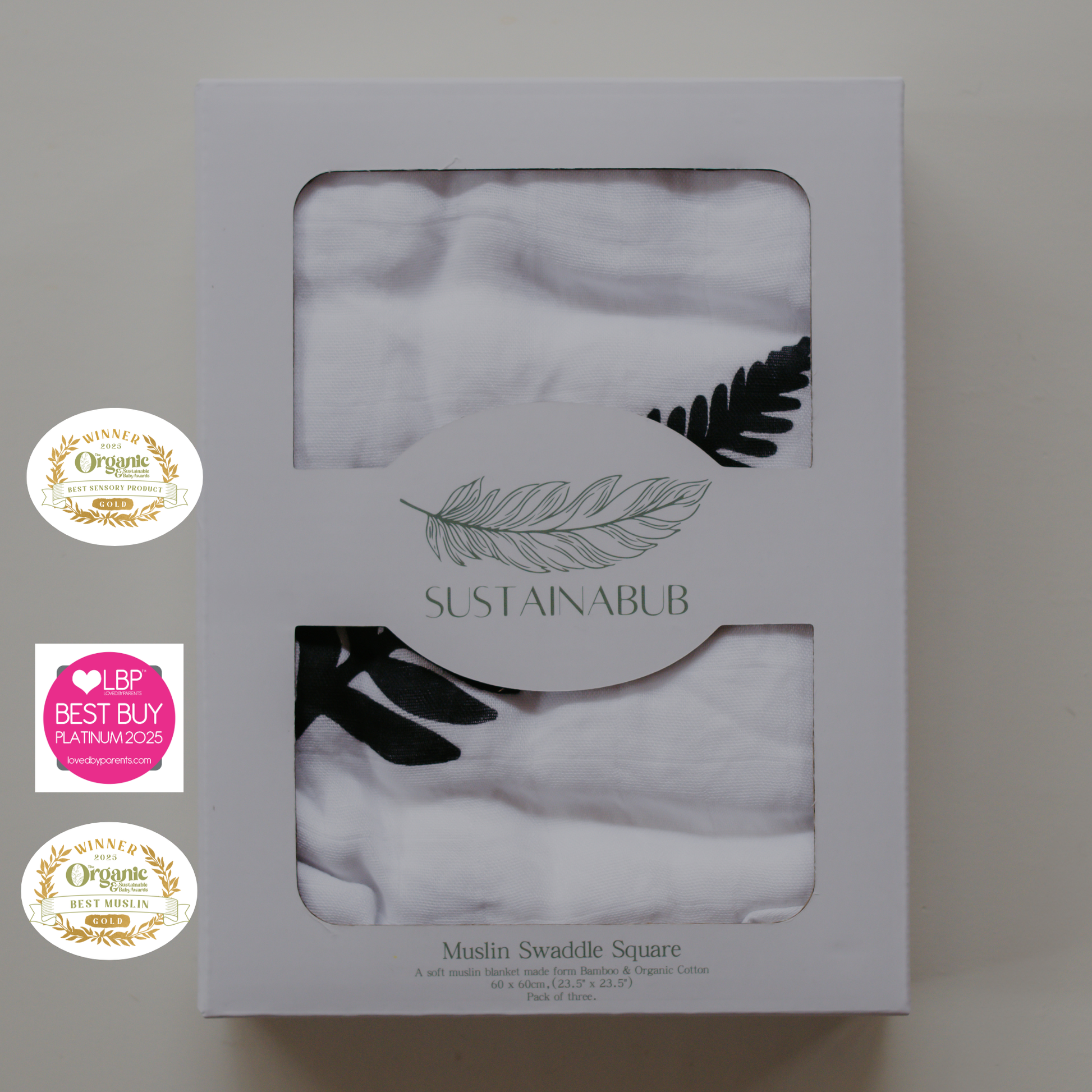 Fern Print Baby Muslins - Pack of 3 (60x60cm) by Sustainabub, organic cotton, vetted by KIDDYKIND