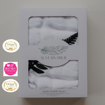 Fern Print Baby Muslins - Pack of 3 (60x60cm) by Sustainabub, organic cotton, vetted by KIDDYKIND