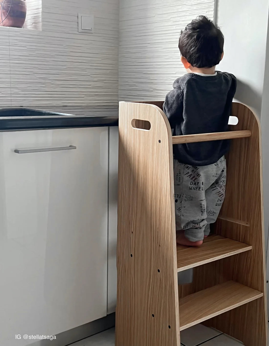 Wooden toddler tower by curve lab, wooden learning tower