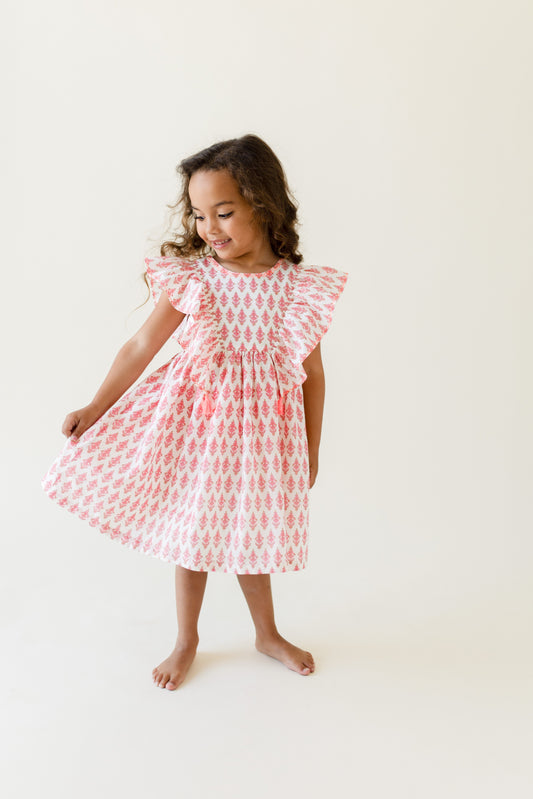 Girls Cotton Dress in Pink Daisy Print