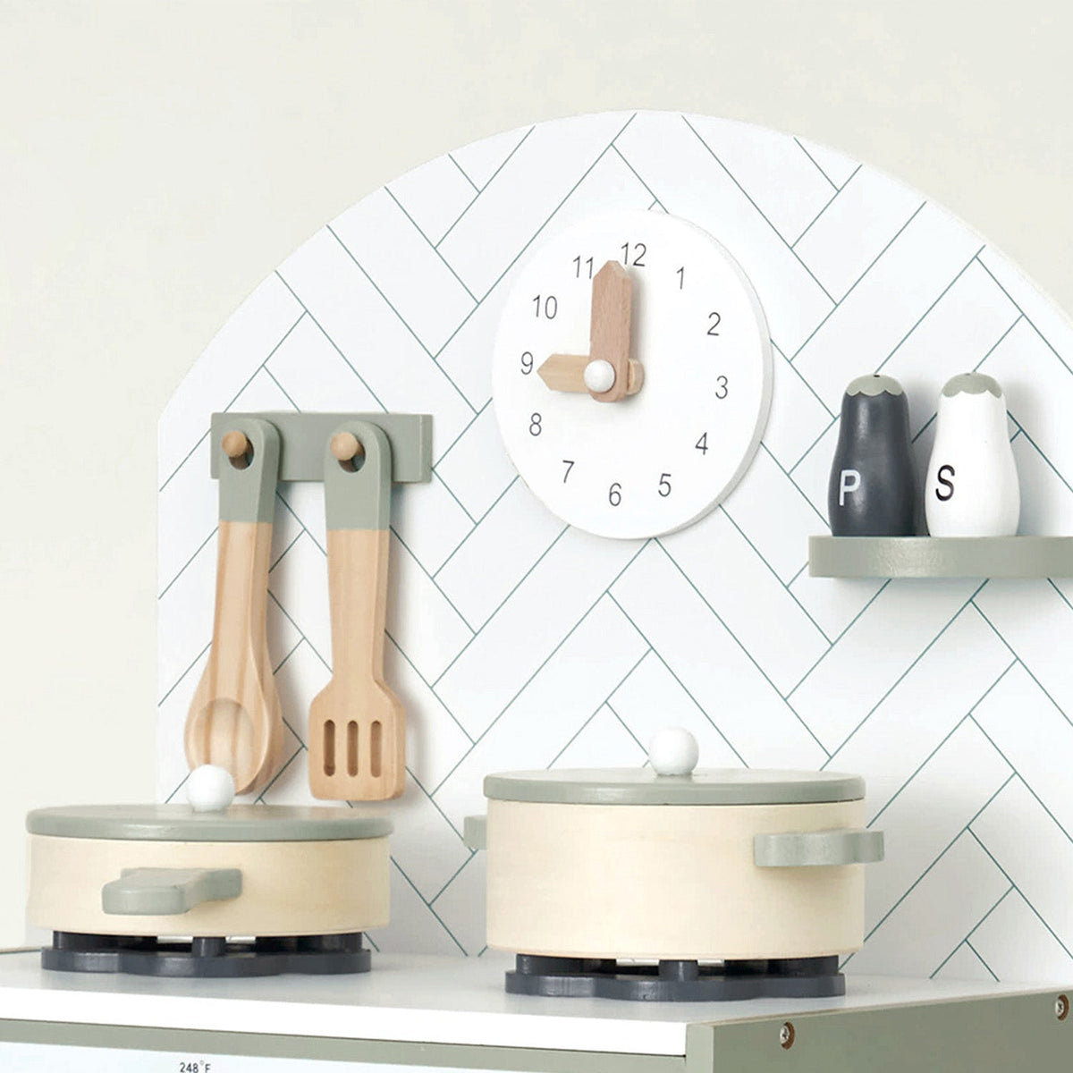 Hooga Playroom mint wooden toy kitchen with oven, hob and utensils, view 4
