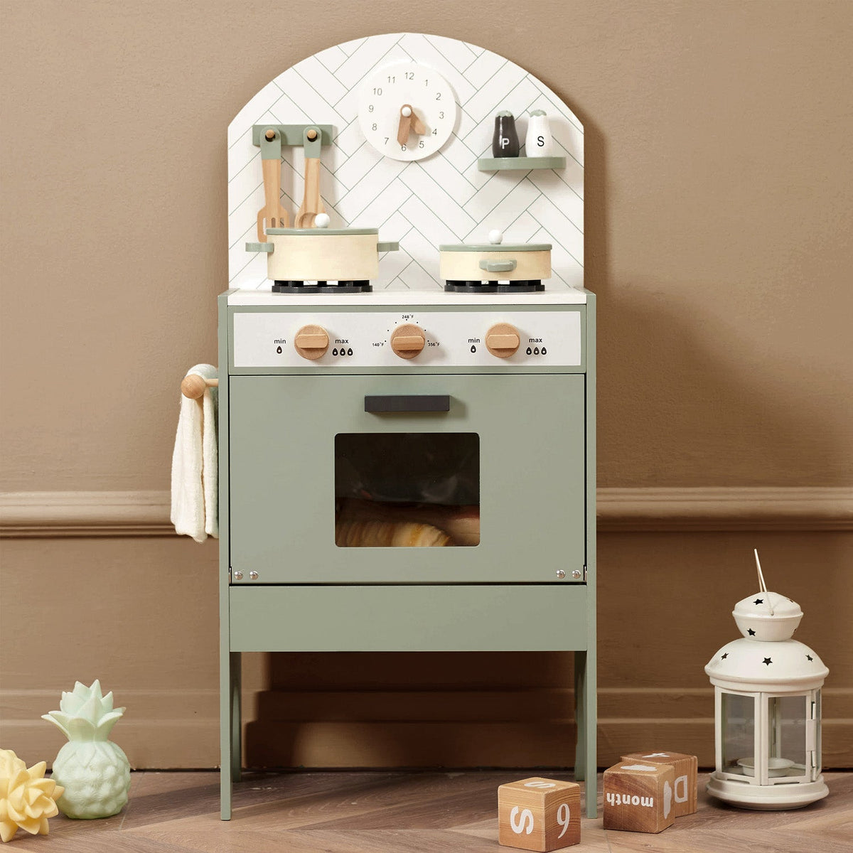Hooga Playroom mint wooden toy kitchen with oven, hob and utensils, view 3
