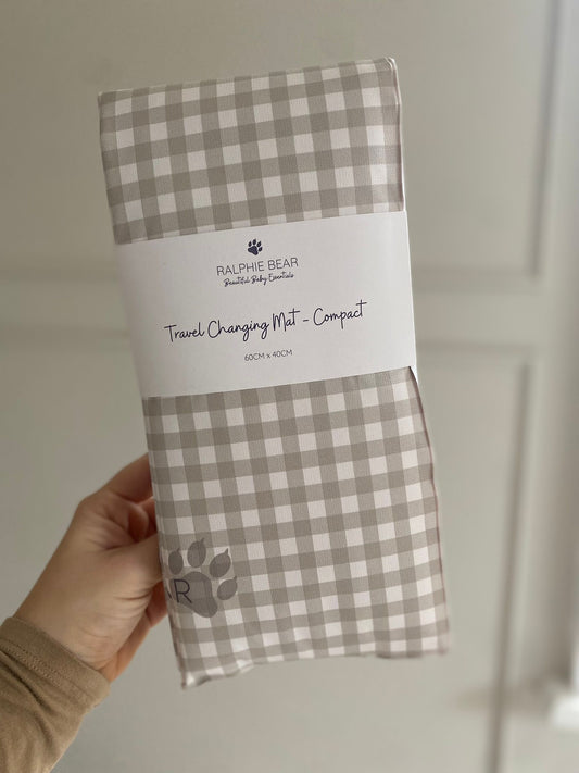 Ralphie Bear Gingham Sage compact travel changing mat foldable portable - sustainable baby travel accessories UK | Kiddykind