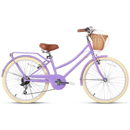 Glerc Missy 24 inch 6-speed beach cruiser kids bike with wicker basket and rear rack, view 21
