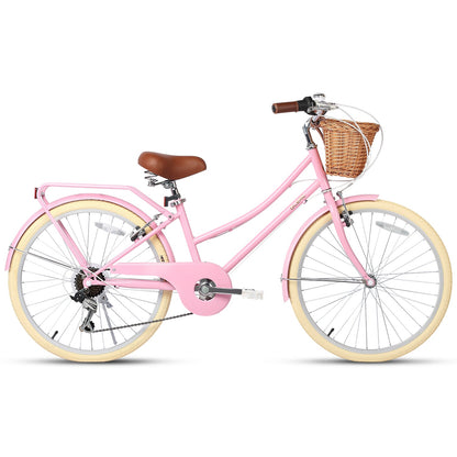 Glerc Missy 24 inch 6-speed beach cruiser kids bike with wicker basket and rear rack, view 11