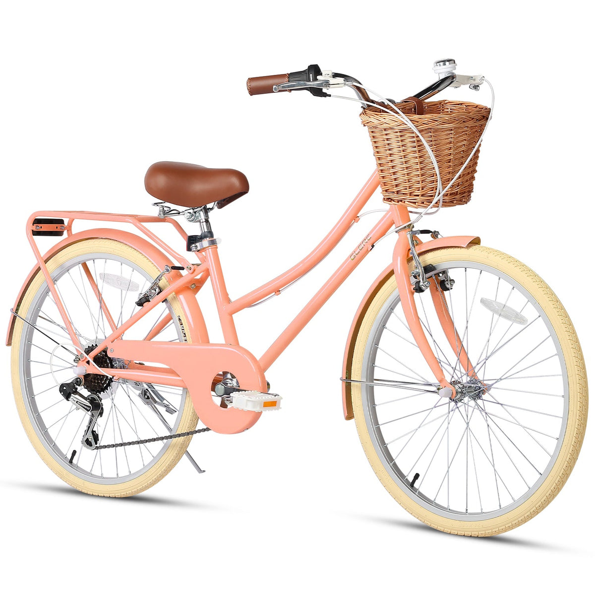 Glerc Missy 24 inch 6-speed beach cruiser kids bike with wicker basket and rear rack, view 27