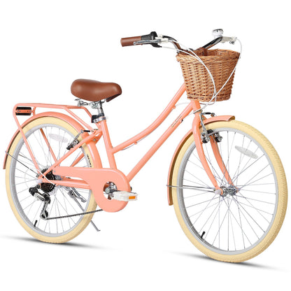 Glerc Missy 24 inch 6-speed beach cruiser kids bike with wicker basket and rear rack, view 27