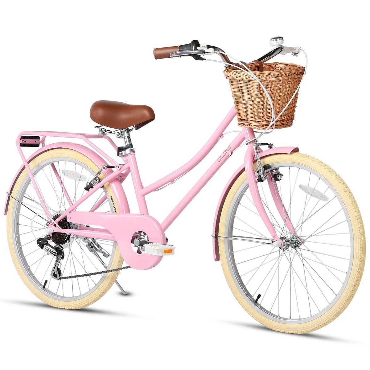 Glerc Missy 24 inch 6-speed beach cruiser kids bike with wicker basket and rear rack, view 13