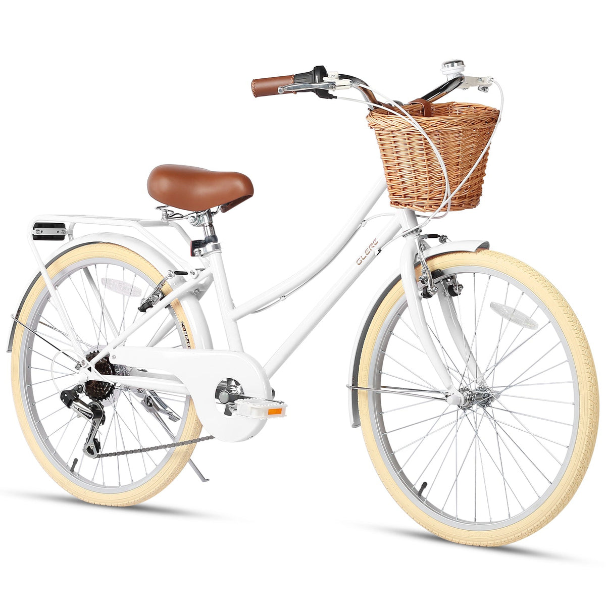 Glerc Missy 24 inch 6-speed beach cruiser kids bike with wicker basket and rear rack, view 18