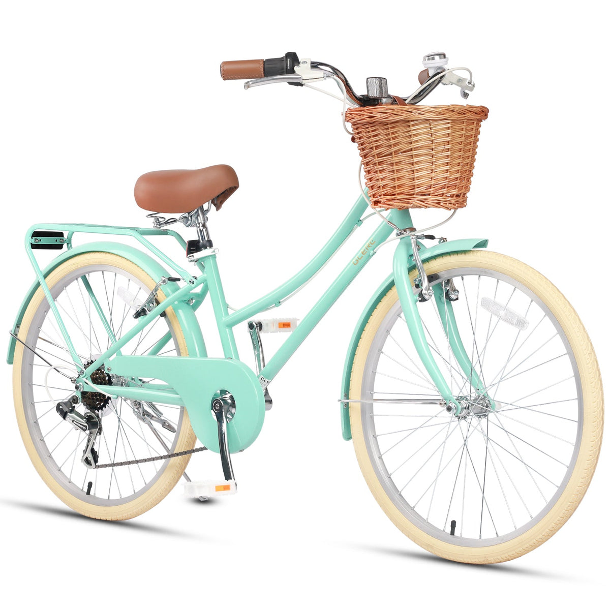 Glerc Missy 24 inch 6-speed beach cruiser kids bike with wicker basket and rear rack, view 3