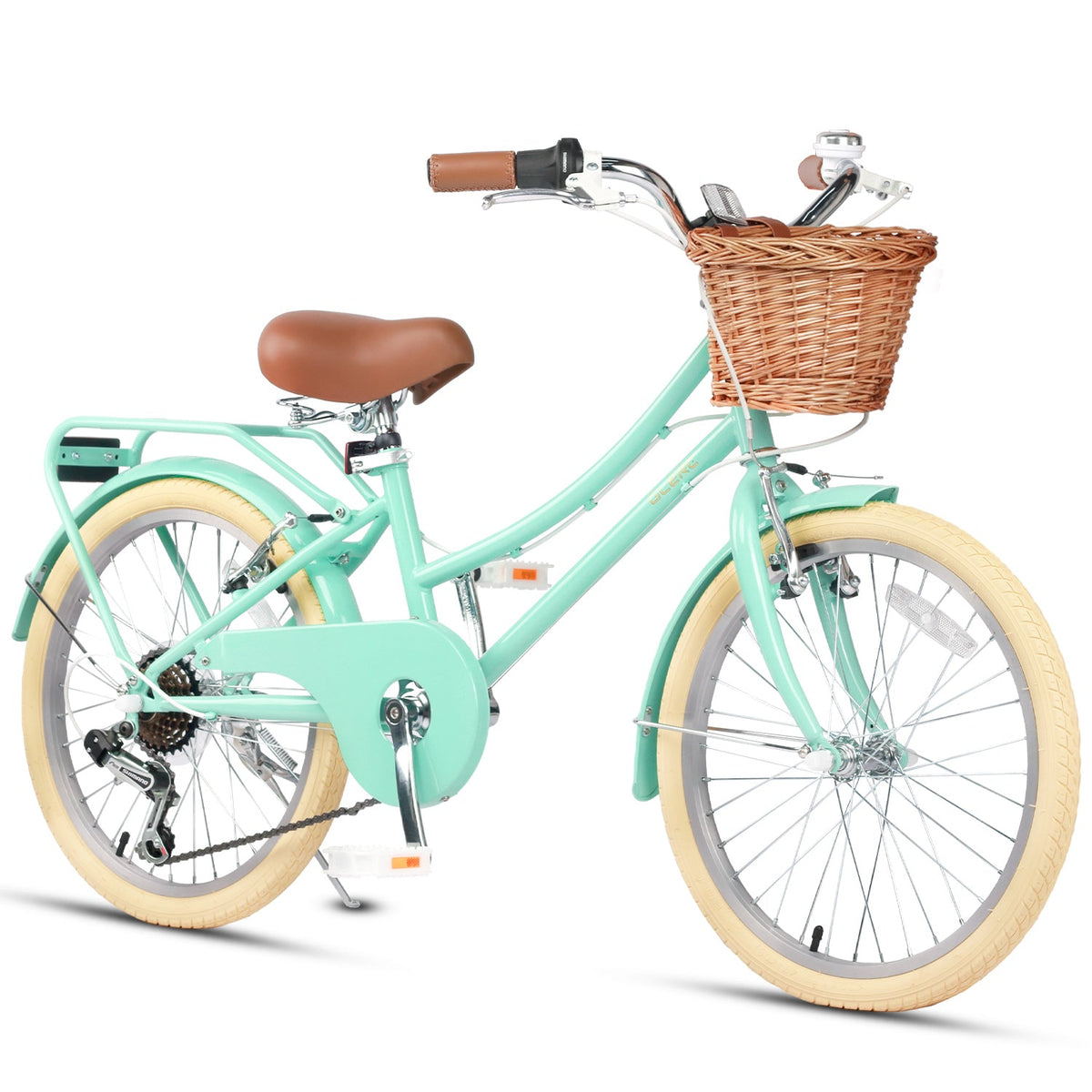 Glerc Missy 20 inch 6-speed beach cruiser kids bike with wicker basket and rear rack, view 3