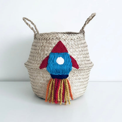 Handwoven seagrass red and blue rocket storage basket