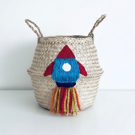 Handwoven seagrass red and blue rocket storage basket