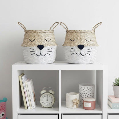 Handwoven seagrass cat whiskers storage basket with white base, view 3