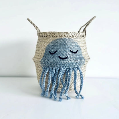 Small handwoven seagrass blue jellyfish storage basket