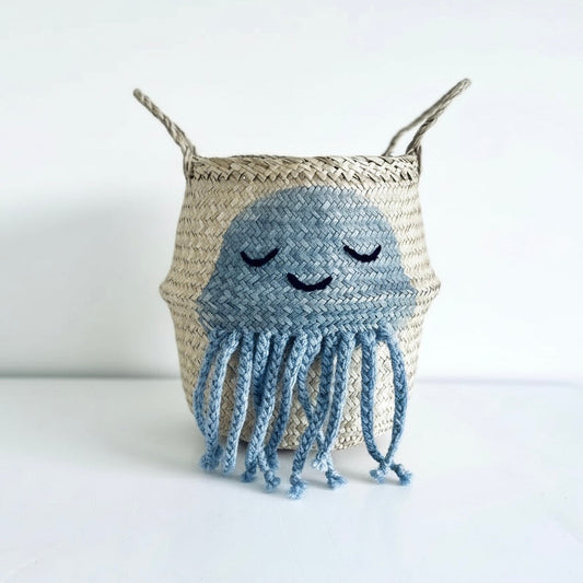 Small handwoven seagrass blue jellyfish storage basket