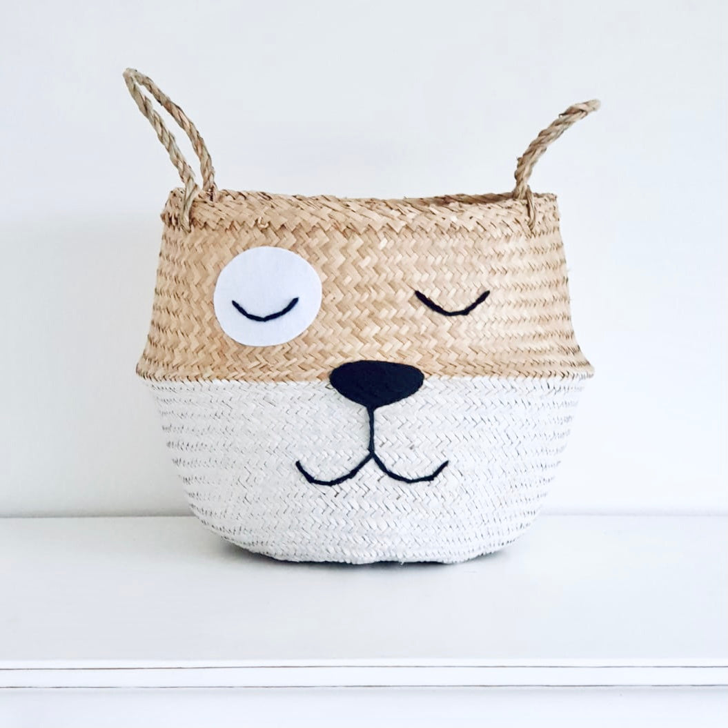Handwoven seagrass dog storage basket