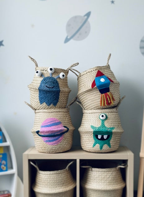 Handwoven seagrass red and blue rocket storage basket, view 3