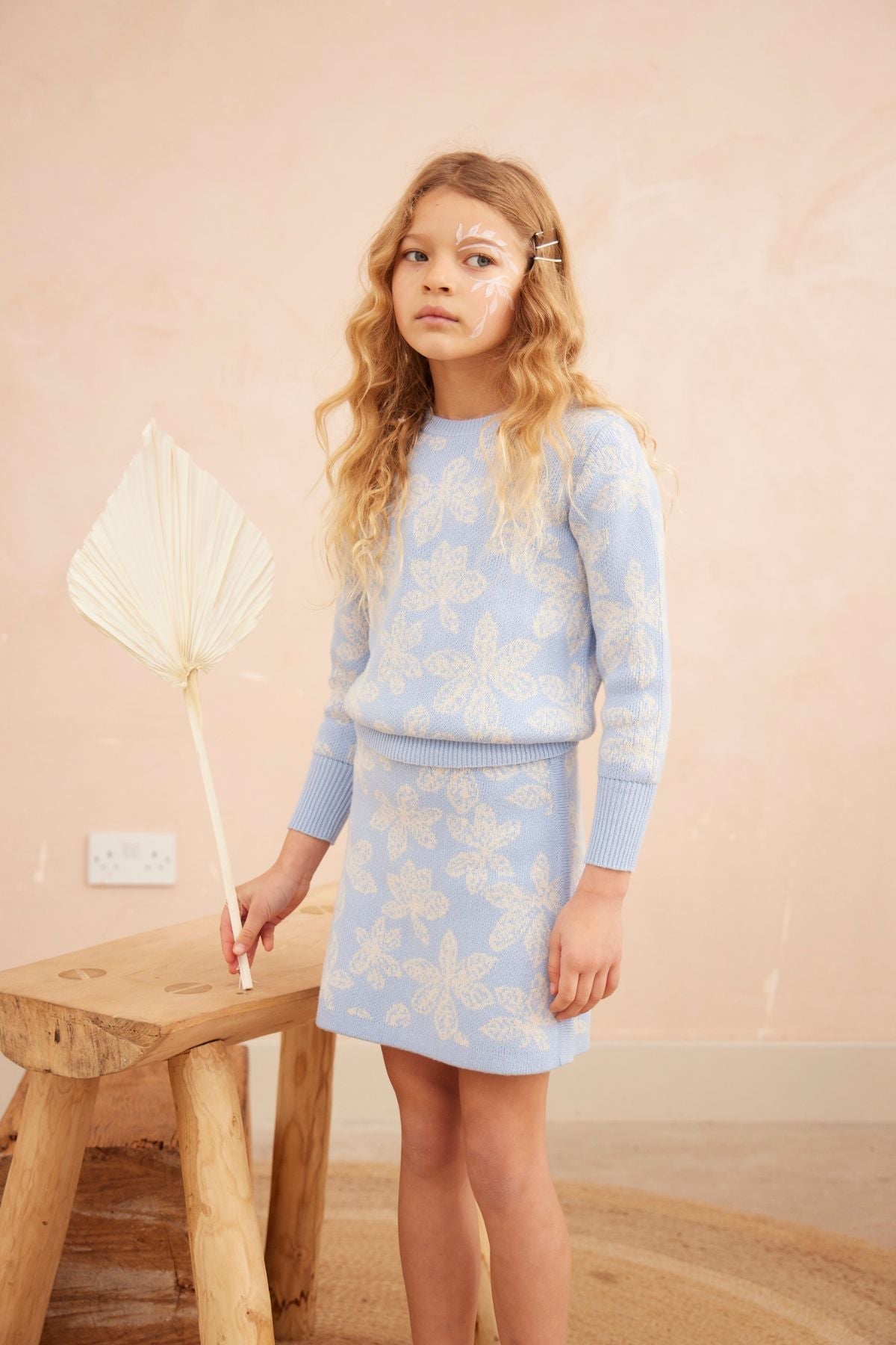 MIKA & MILO Chestnut Leaves Pencil Skirt | Sky - - organic cotton cashmere