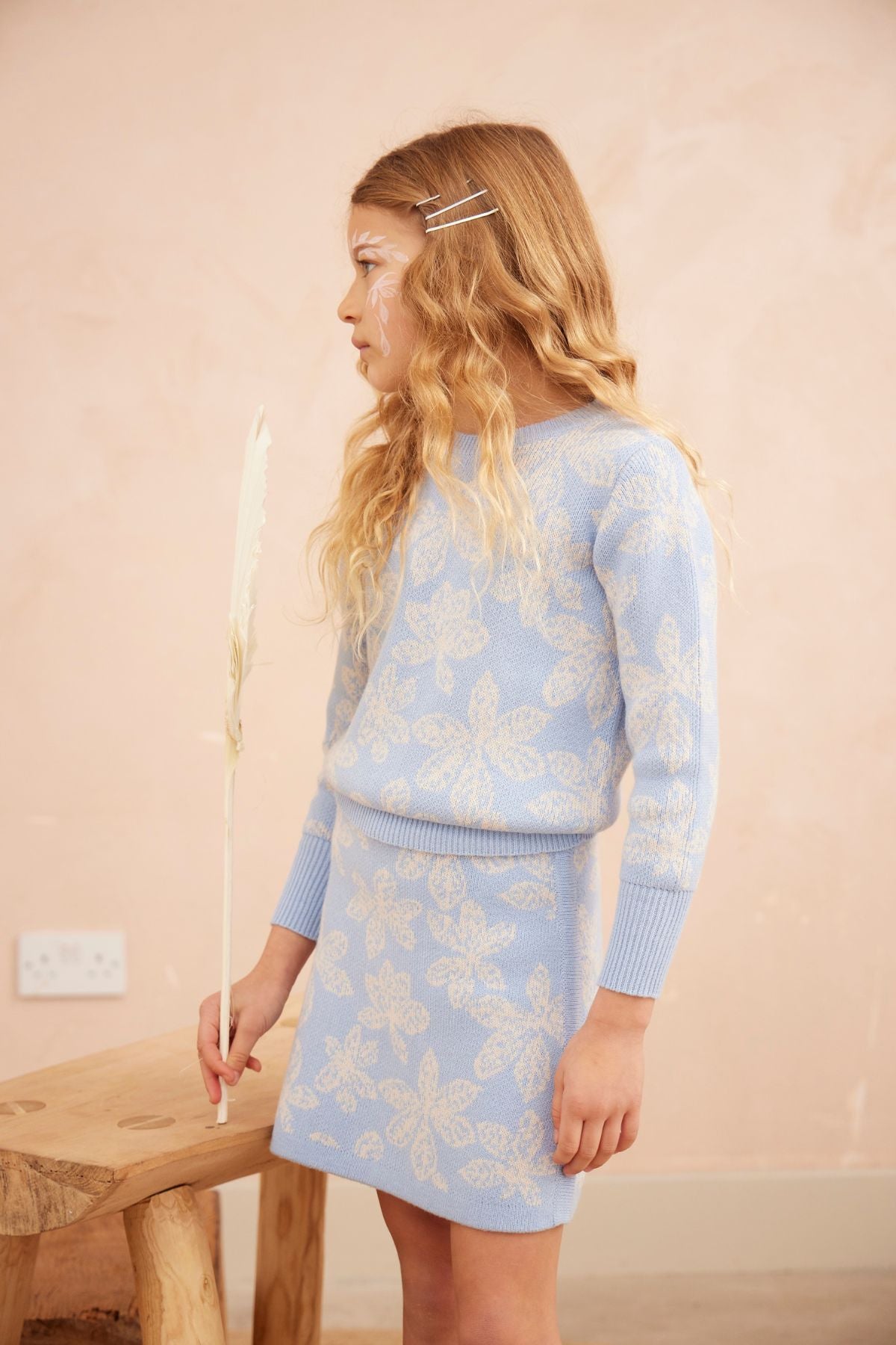 MIKA & MILO Chestnut Leaves Pencil Skirt | Sky - - organic cotton cashmere