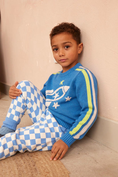 MIKA & MILO Striped Rocket Jumper in Hussar Blue – organic cotton cashmere, side view