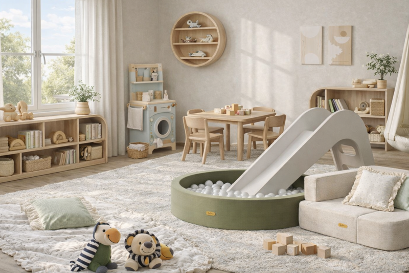 Low-tox Jupiduu ball pit, sofa and swing, Curve lab montessori table, chairs and shelving and FSC certified wooden toys with eco paint finishes. Organic cotton. baby soft toys