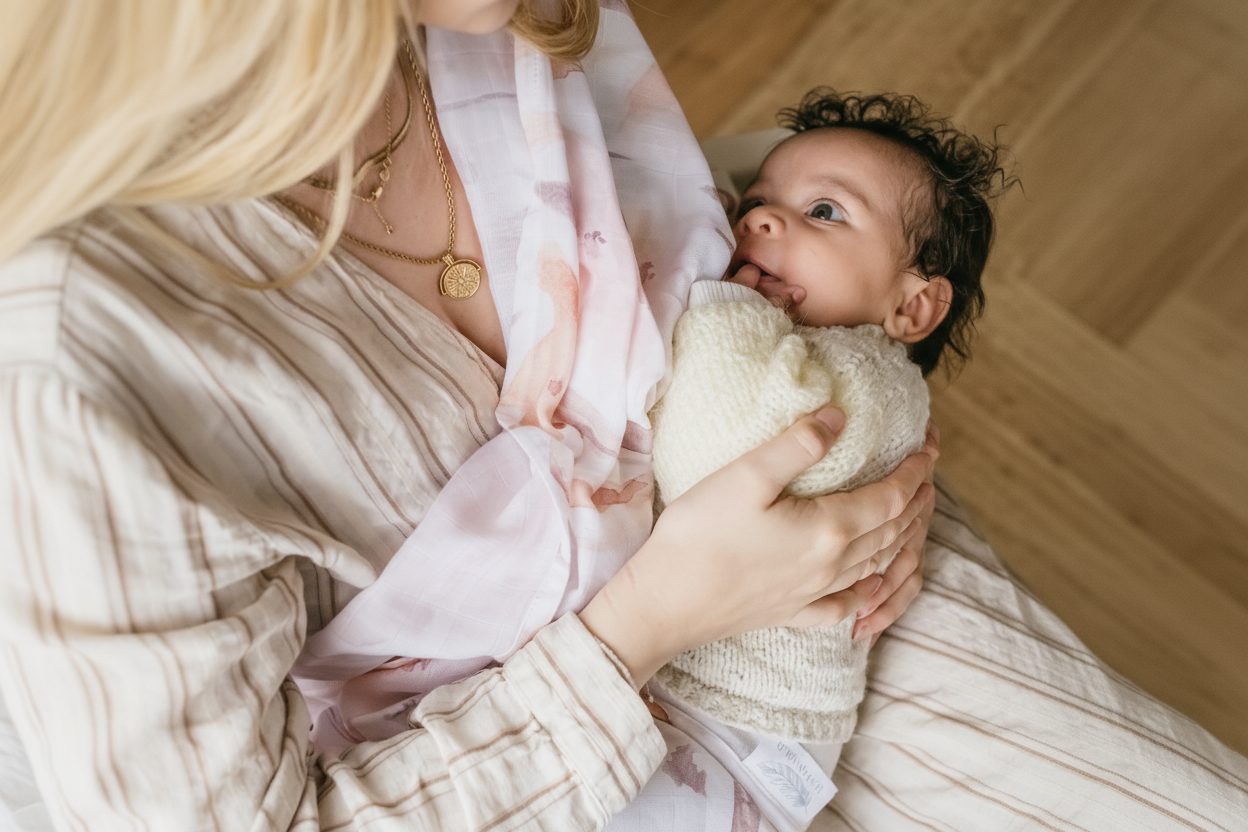 Mother wearing an organic baby carrier