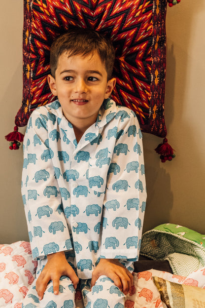 Boys Cotton Pyjamas in Blue Elephant Print