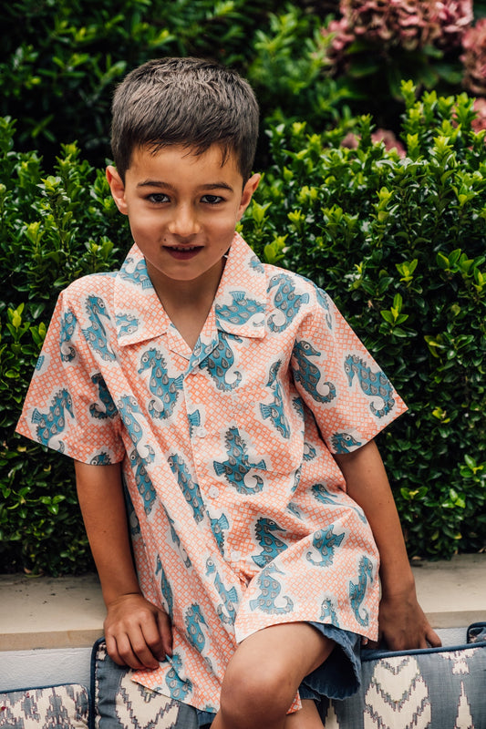 Boys Cotton Shirt in Neon Seahorse Print