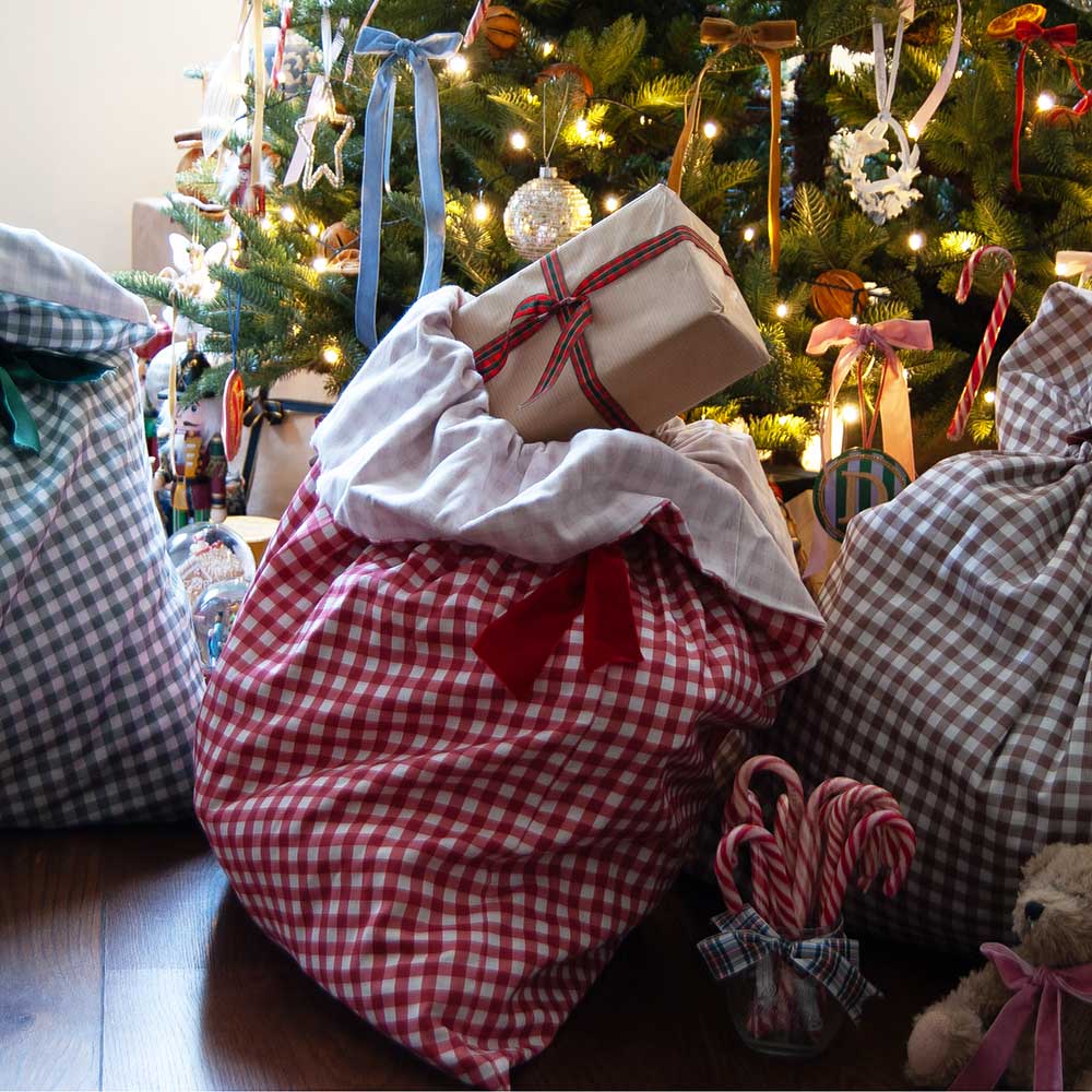 Gingham Santa Sack - Berry Red