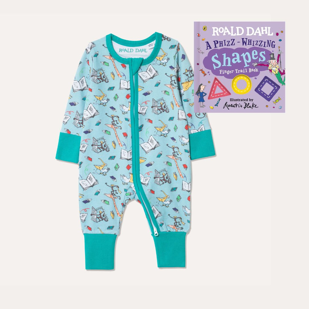 Image of Roald Dahl's 'Phizz-Whizzing Shapes' Board Book alongside Ducky Zebra's Roald Dahl aqua Zip-up Sleepsuit with a fun print, featuring animals from 'The Giraffe and the Pelly and Me'.