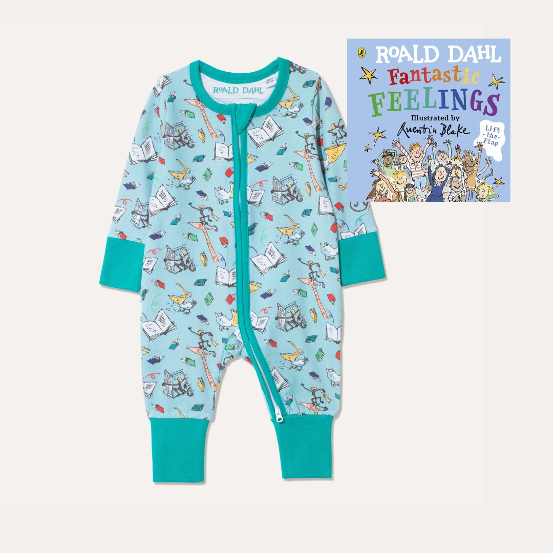 Image of Roald Dahl's 'Fantastic Feelings' Board Book alongside Ducky Zebra's Roald Dahl aqua Zip-up Sleepsuit with a fun print, featuring animals from 'The Giraffe and the Pelly and Me'.