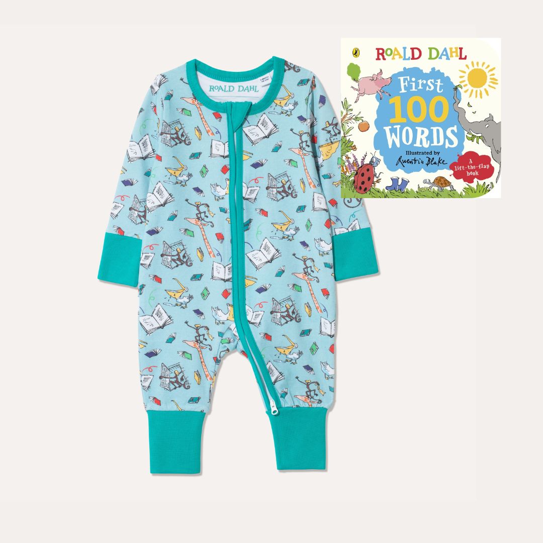 Image of Roald Dahl's 'First 100 Words' Board Book sitting alongside Ducky Zebra's Roald Dahl aqua Zip-up Sleepsuit with a fun print, featuring animals from 'The Giraffe and the Pelly and Me'.
