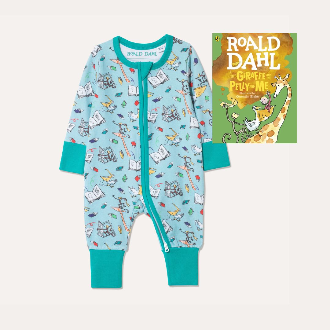 Image of Roald Dahl's 'The Giraffe and the Pelly and Me' Book alongside Ducky Zebra's Roald Dahl aqua Zip-up Sleepsuit with a fun print, featuring animals from 'The Giraffe and the Pelly and Me'.