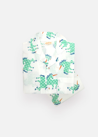 Organic baby bedding: Girls & Boys Cotton Pyjamas in Green Unicorn Print | KIDDYKIND