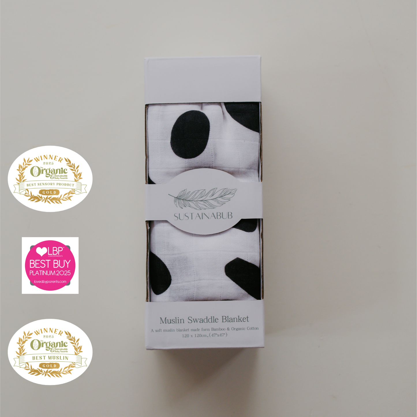 Spot Print Baby Muslin Swaddle - (120x120cm) by Sustainabub, organic cotton, vetted by KIDDYKIND
