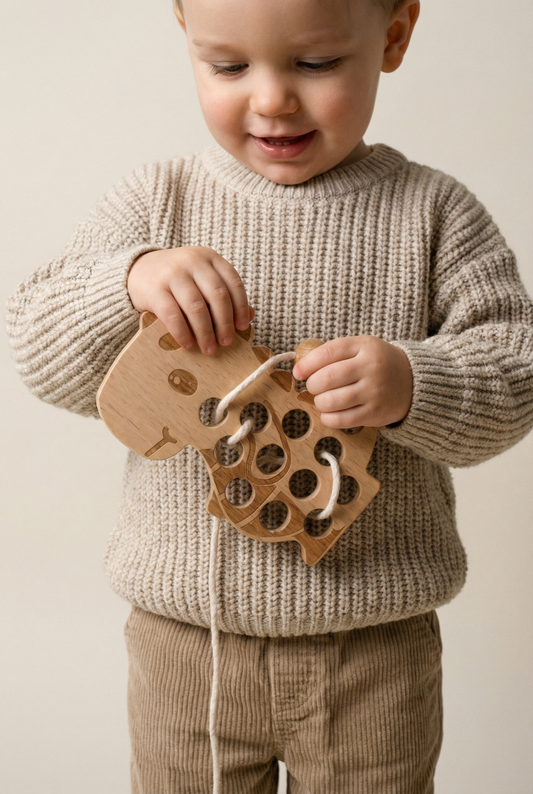 Wooden dinosaur lacing toy with cotton cord