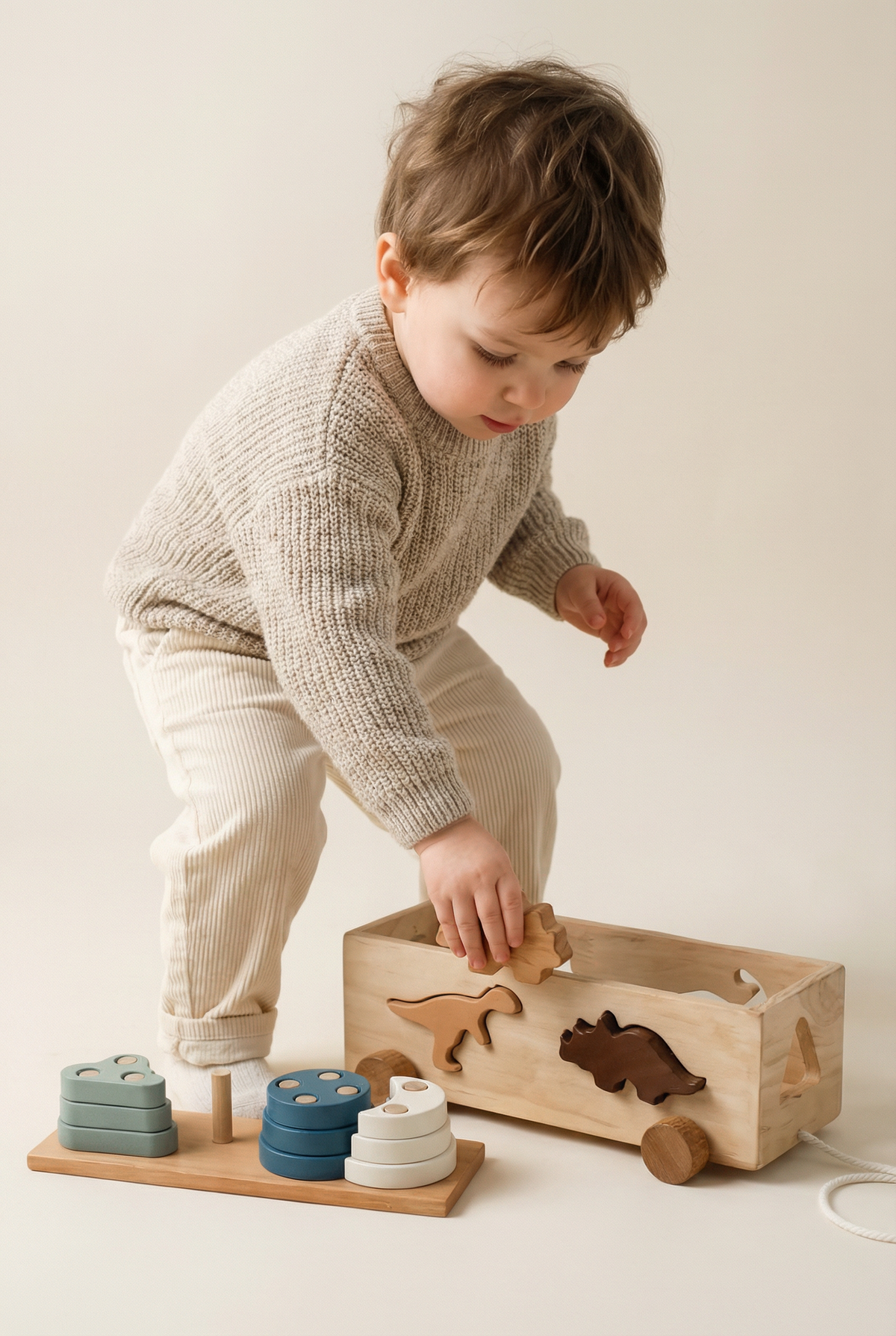Wooden dinosaur shape sorting box pull-along toy