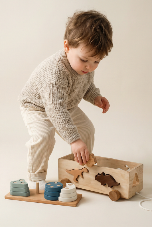Wooden dinosaur shape sorting box pull-along toy