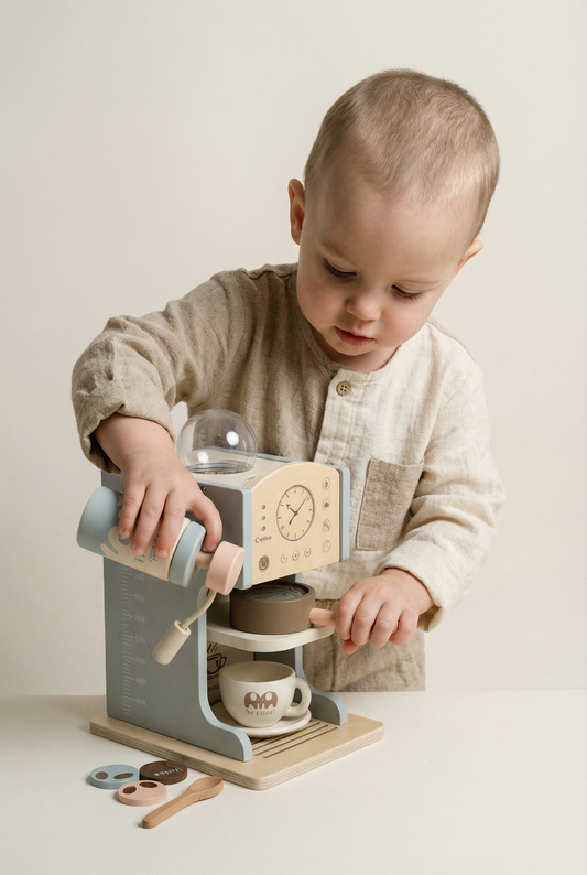 Blue wooden toy coffee maker role-play set