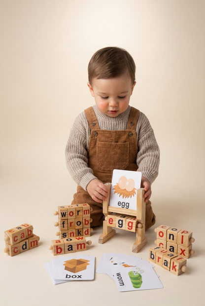 Wooden phonics word building rack with rotating letter blocks and picture cards