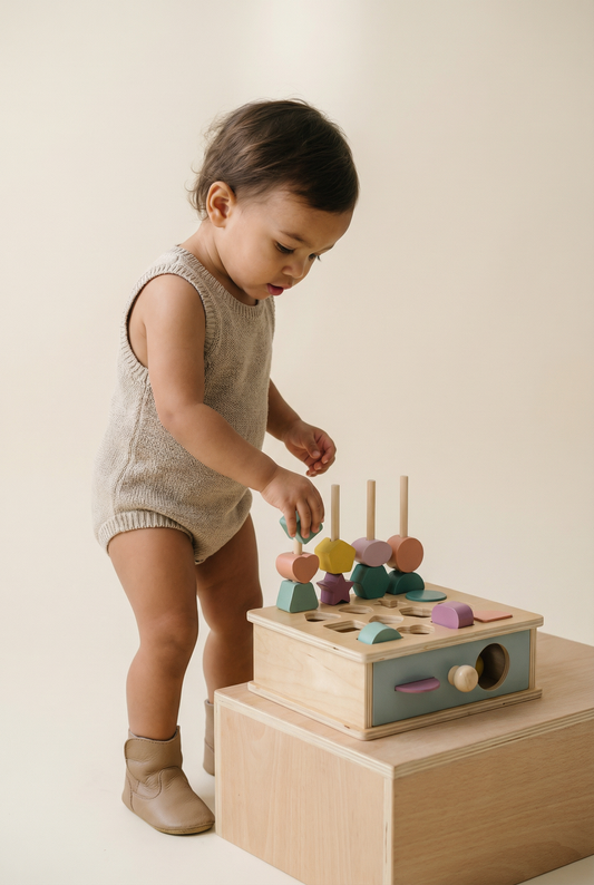 Pastel wooden shape matching and sorting box with drawer